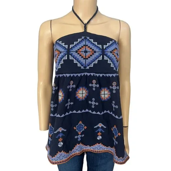 Anthropologie Asha Halter Top Tank Boho Peplum Embroidered - Picture 1 of 8